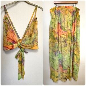 Fashion Nova 2 Piece Set Watercolor Marble Crop Top Maxi Skirt Yellow Green 1X